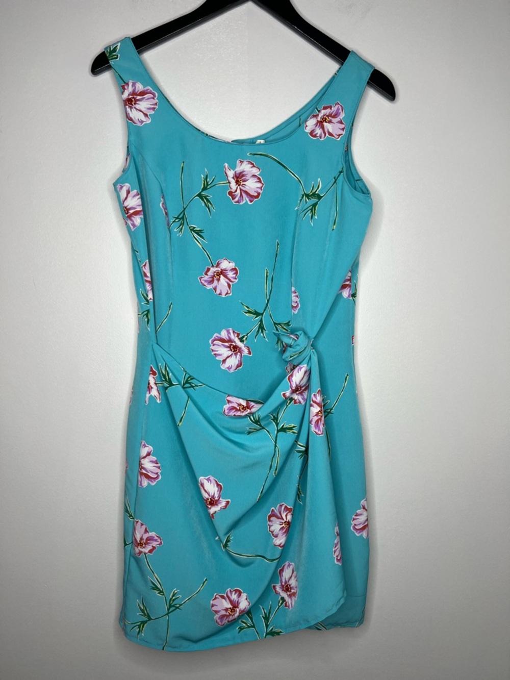 Beachy Floral Faux Wrap Draped Dress Blue Y2K 90s Sleeveless Mini Size 6